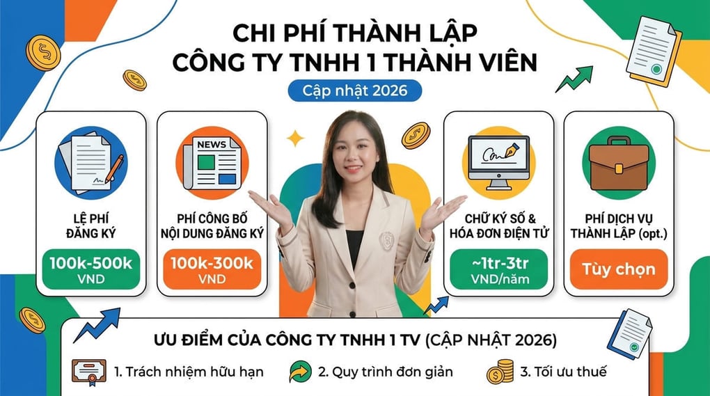 Chi phí thành lập công ty TNHH 1 thành viên (Cập nhật 2026)